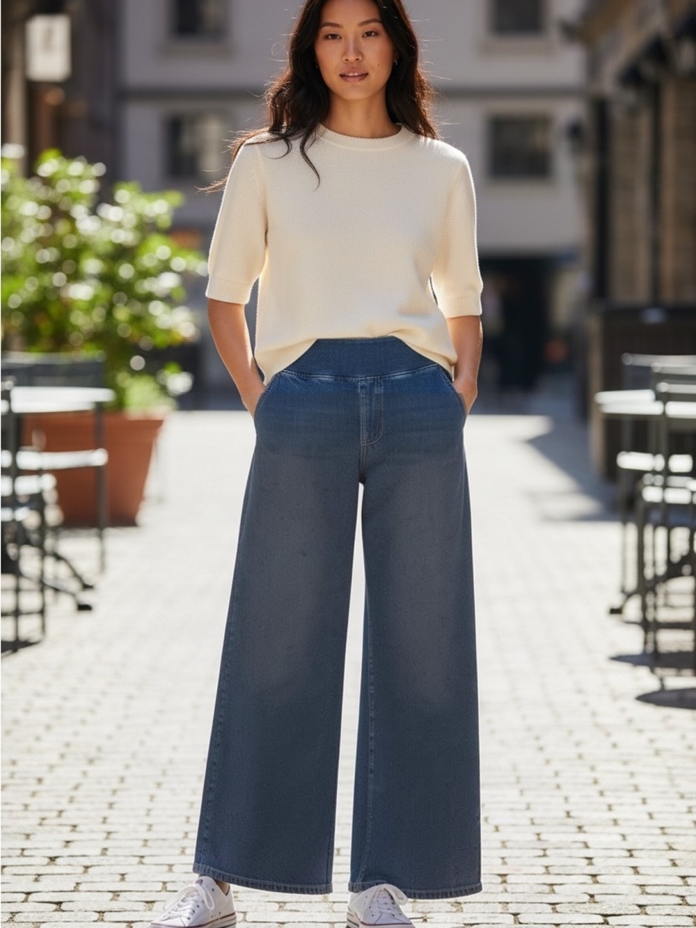 Halara Women’s M Petite Wide Leg Denim Jeans High Rise Stretch Blue NWT
